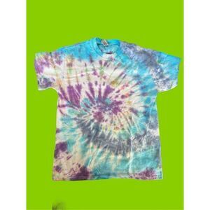 Gildan small adult unisex tye dye hippie psychedelic summer T-shirt purple blue